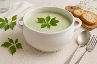 Liebstöckelsuppe in einer weißen modernen Suppenterrine, serviert mit frischen Kräutern