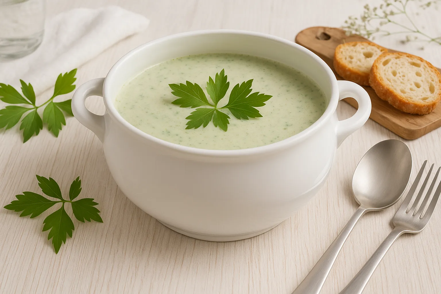 Liebstöckelsuppe in einer weißen modernen Suppenterrine, serviert mit frischen Kräutern