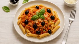 Penne mit Thunfischsugo, Oliven, Basilikum und Parmesan auf modernem Teller serviert