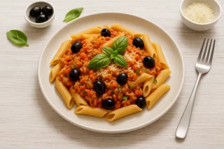 Penne mit Thunfischsugo, Oliven, Basilikum und Parmesan auf modernem Teller serviert