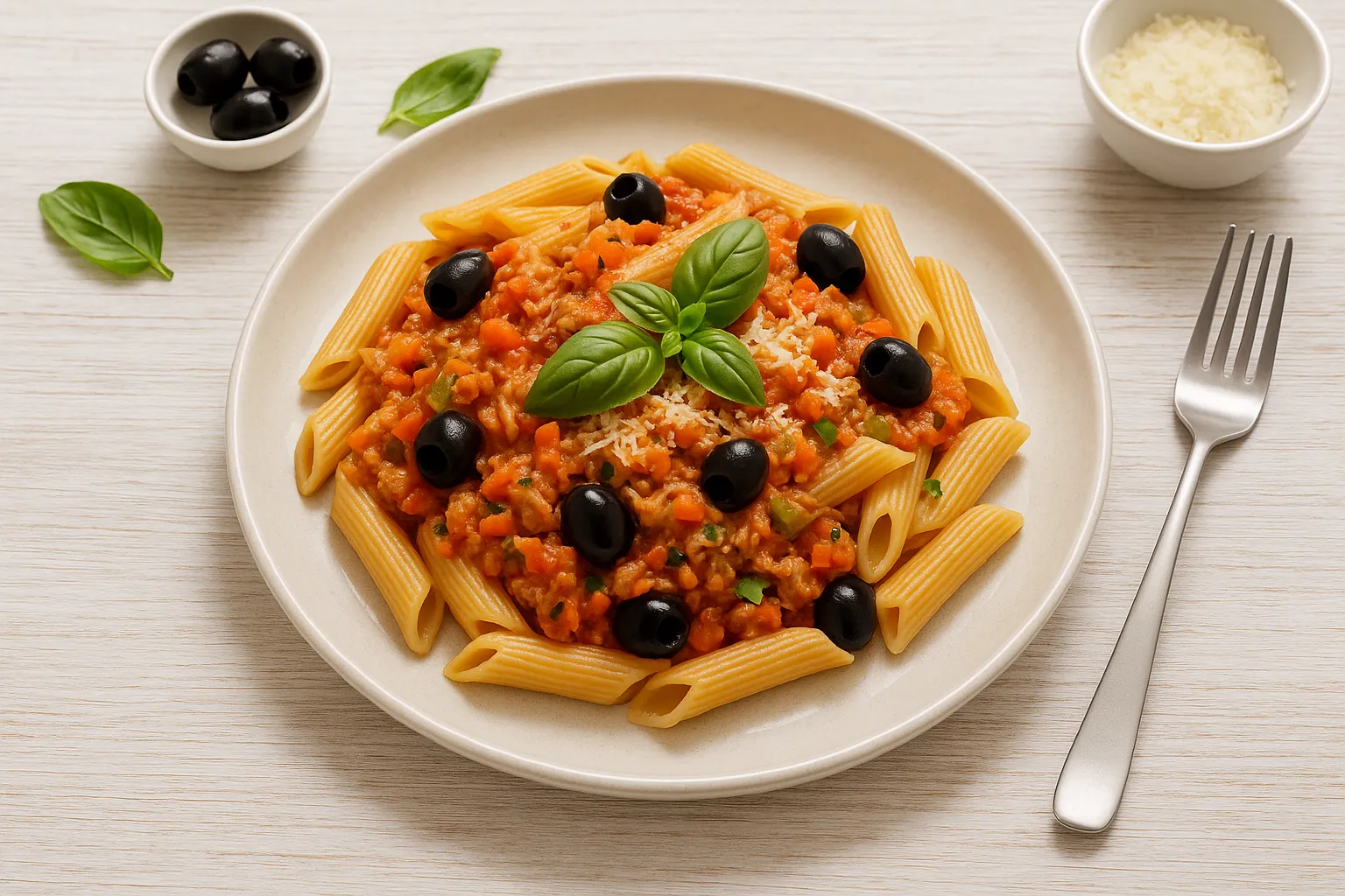 Penne mit Thunfischsugo, Oliven, Basilikum und Parmesan auf modernem Teller serviert