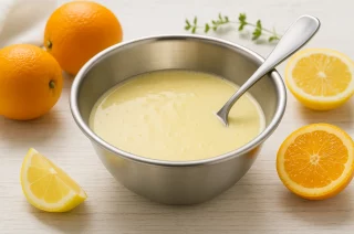 Frisches Zitrusdressing mit Orange, Honig und Buttermilch in einer Edelstahlschüssel auf hellem Holzhintergrund