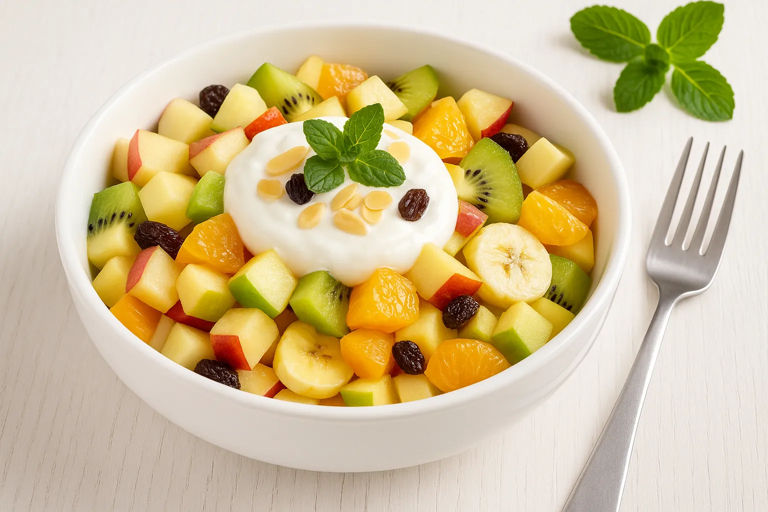Obstsalat mit Äpfeln, Birne, Banane, Kiwi, Mandarinen und Skyr in einer weißen Schüssel auf hellem Holztisch