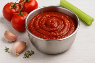 Hausgemachter Ketchup in einer Edelstahlschüssel, serviert auf weißem Holzhintergrund