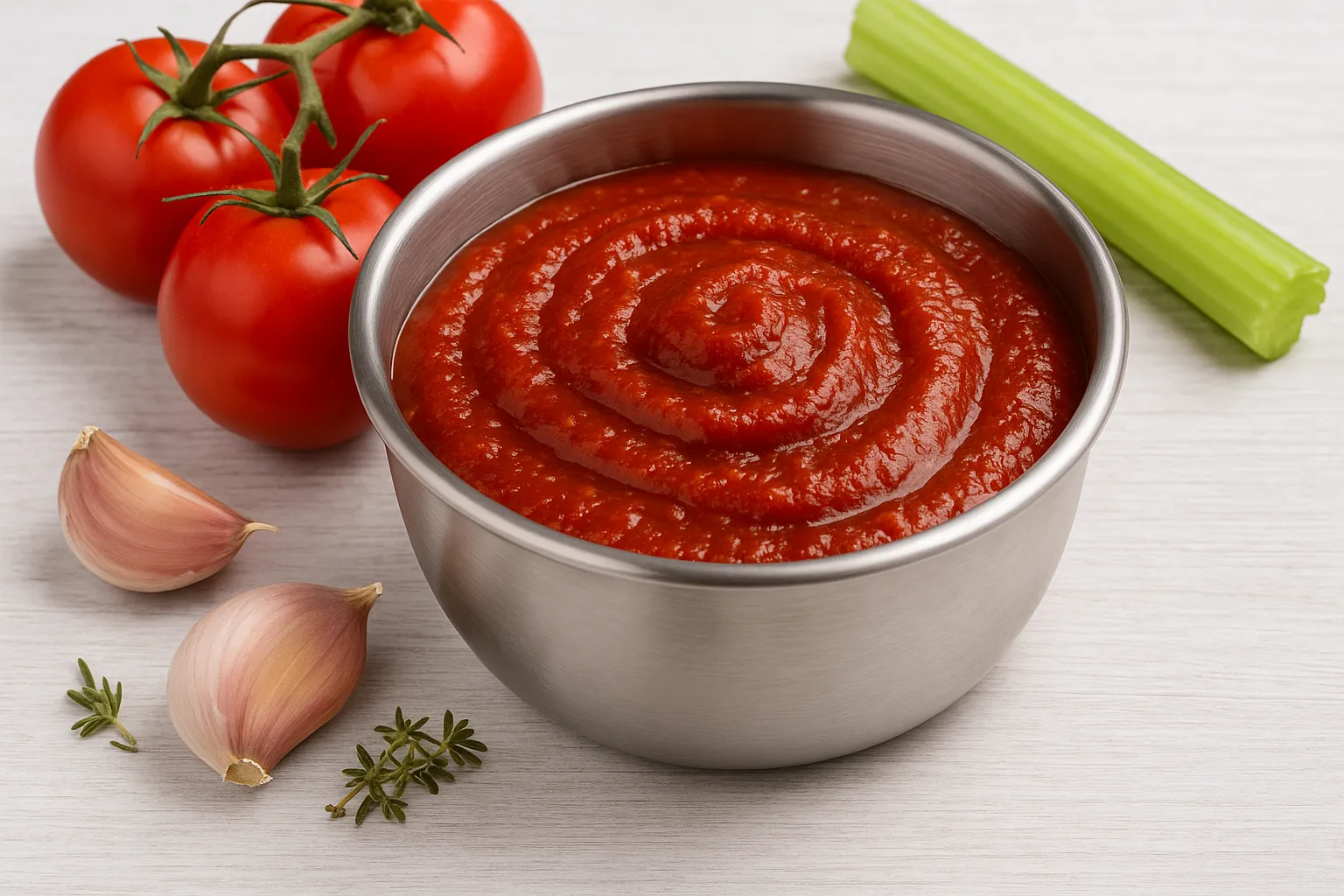 Hausgemachter Ketchup in einer Edelstahlschüssel, serviert auf weißem Holzhintergrund
