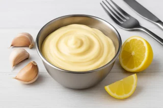 Knoblauch-Mayonnaise in einer Edelstahlschüssel, cremig angerichtet auf weißem Holzhintergrund