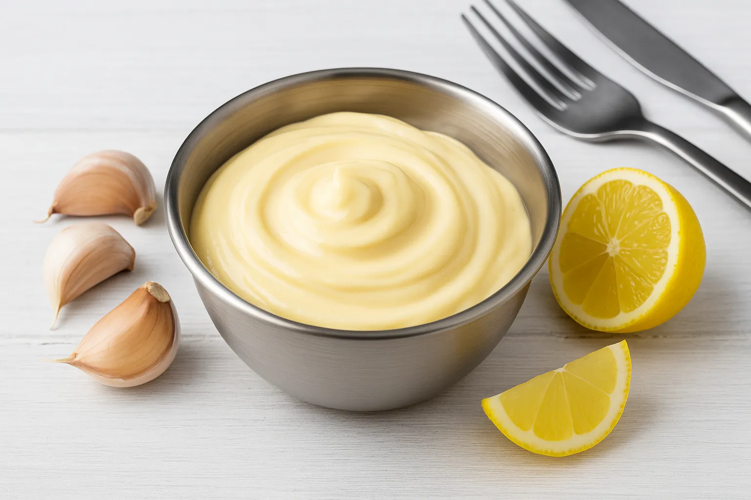 Knoblauch-Mayonnaise in einer Edelstahlschüssel, cremig angerichtet auf weißem Holzhintergrund