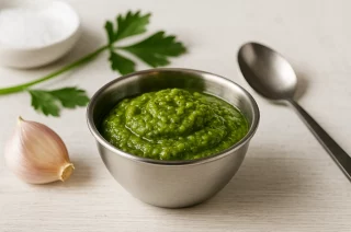 Grüner Knoblauchdip mit Kürbiskernmus, Knoblauch und Öl in einer Edelstahlschüssel auf weißem Holzhintergrund