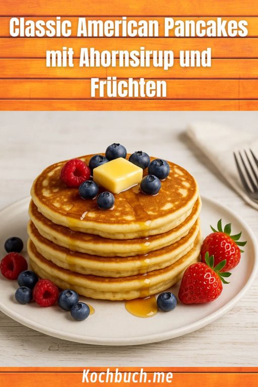 Classic American Pancakes mit Ahornsirup und Früchten