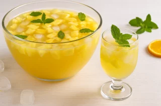 Glas und Schüssel mit Ananasbowle, gefüllt mit Ananasstücken, Orangensaft, Weißwein und Sekt, garniert mit frischer Minze