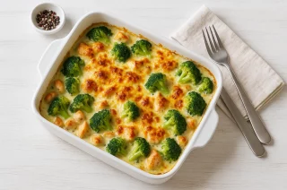 Brokkoli-Hähnchen-Gratin in einer Auflaufform, überbacken mit Käse und serviert auf weißem Holzhintergrund