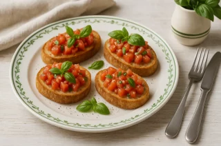 Bruschetta mit frischen Tomatenwürfeln, Basilikum und Olivenöl auf geröstetem Brot, serviert im italienischen Stil