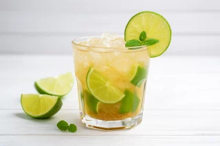 Caipirinha im Glas mit Limettenstücken, Rohrzucker und Crushed Ice auf weißem Holzhintergrund serviert