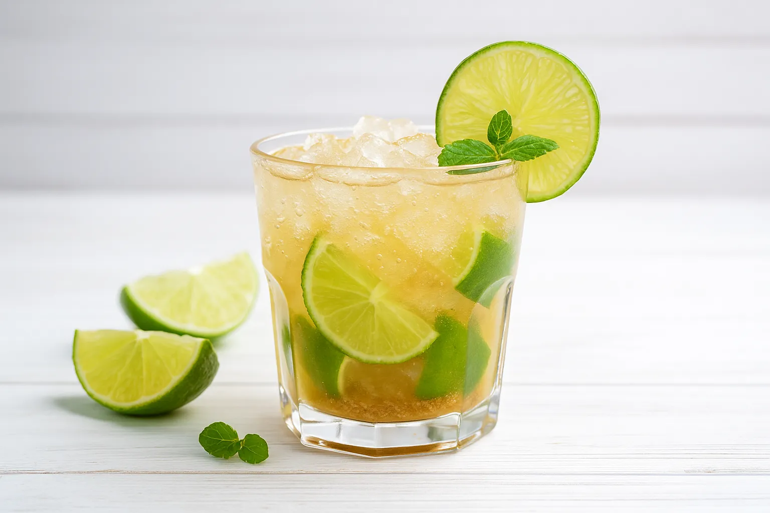 Caipirinha im Glas mit Limettenstücken, Rohrzucker und Crushed Ice auf weißem Holzhintergrund serviert