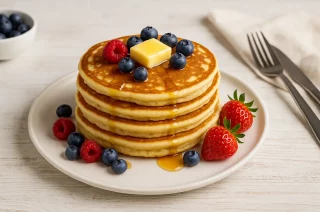 Gestapelte American Pancakes mit Ahornsirup, frischen Beeren und Butterstückchen auf weißem Teller
