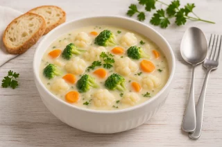 Eintopf mit Blumenkohl, Brokkoli und Karotten in einer weißen Suppenschüssel auf hellem Holztisch