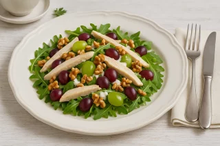 Geflügelsalat mit Hähnchenstreifen, roten und grünen Trauben sowie Walnüssen, angerichtet auf weißem Teller mit Blattsalat