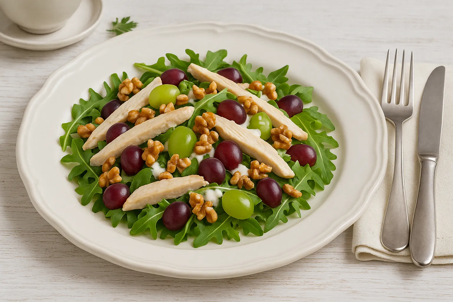 Geflügelsalat mit Hähnchenstreifen, roten und grünen Trauben sowie Walnüssen, angerichtet auf weißem Teller mit Blattsalat