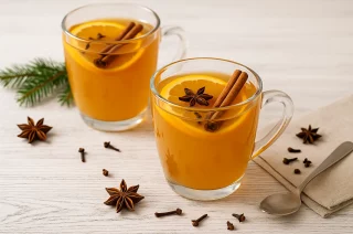 Winterpunsch in Glasbechern mit Orangenscheiben, Zimtstangen und Nelken, serviert auf weißem Holzhintergrund