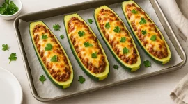 Gefüllte Zucchinihälften mit Hackfleisch und Käse überbacken, serviert auf weißem Holztisch