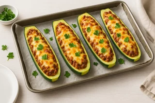 Gefüllte Zucchinihälften mit Hackfleisch und Käse überbacken, serviert auf weißem Holztisch