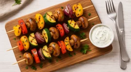 Bunte gegrillte Gemüsespieße mit Paprika, Zucchini und Champignons auf Holzbrett