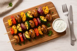 Bunte gegrillte Gemüsespieße mit Paprika, Zucchini und Champignons auf Holzbrett