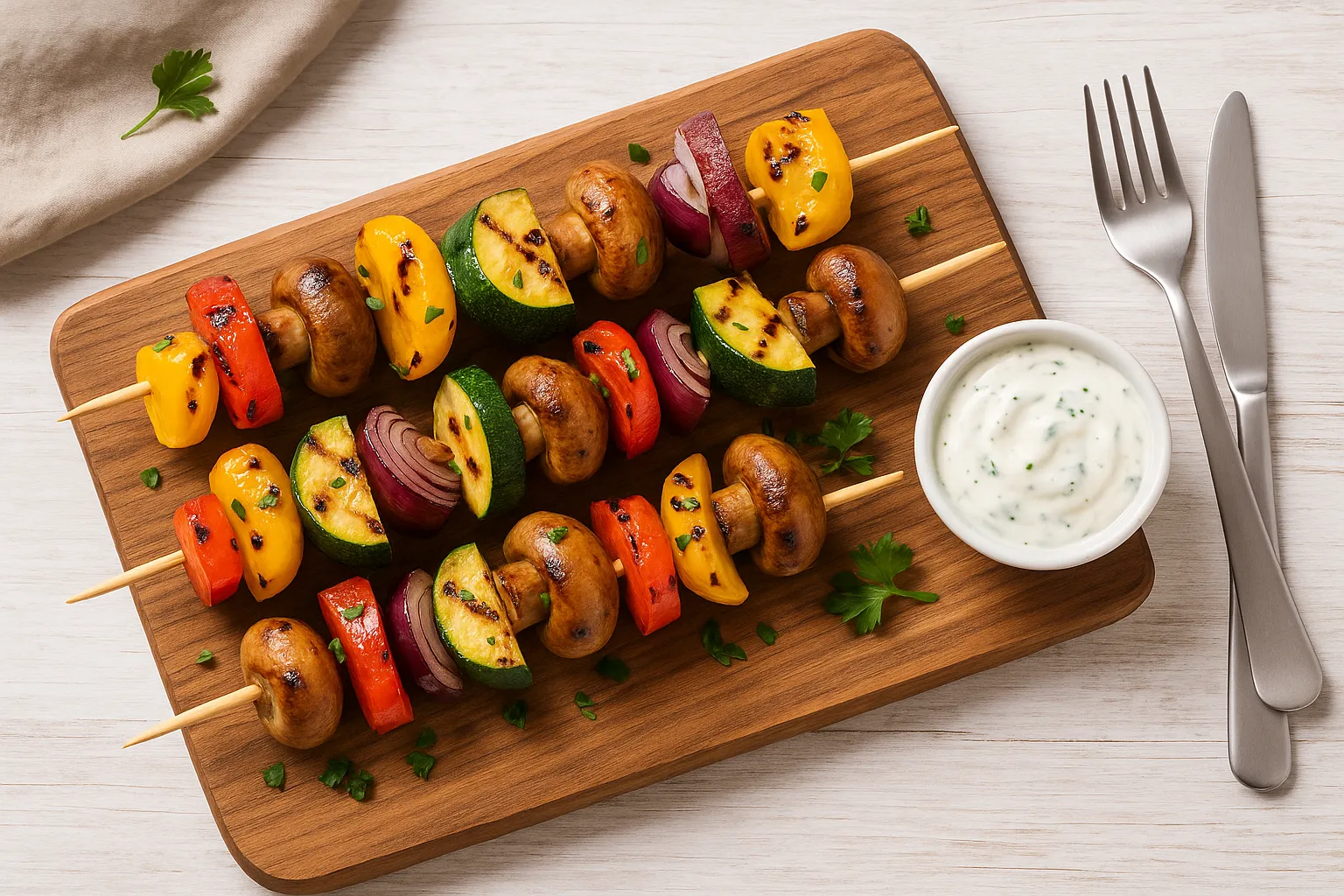 Bunte gegrillte Gemüsespieße mit Paprika, Zucchini und Champignons auf Holzbrett