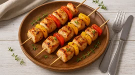 Gegrillte Hähnchenspieße mit roten und gelben Paprikastücken, serviert auf rustikalem Holzteller mit modernem Besteck