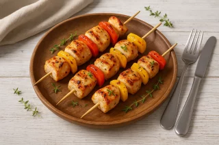 Gegrillte Hähnchenspieße mit roten und gelben Paprikastücken, serviert auf rustikalem Holzteller mit modernem Besteck