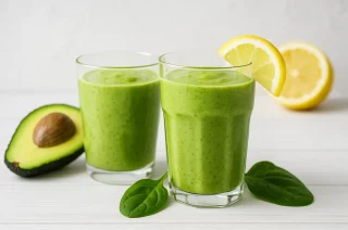 Grüner Smoothie mit Spinat, Avocado und Banane in Gläsern auf weißem Holzhintergrund serviert