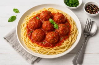Hackbällchen in Tomatensauce, serviert mit Nudeln auf weißem Teller, dekoriert mit frischen Kräutern