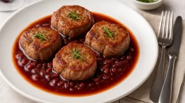 Kalbsmedaillons mit Rotwein-Schalotten-Sauce auf Teller angerichtet, garniert mit Thymian