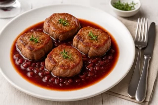 Kalbsmedaillons mit Rotwein-Schalotten-Sauce auf Teller angerichtet, garniert mit Thymian