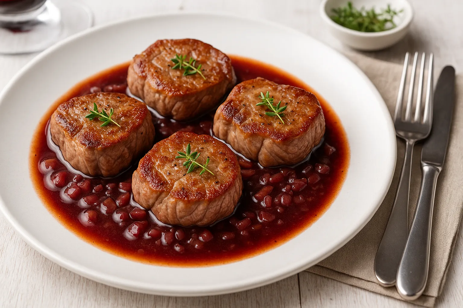 Kalbsmedaillons mit Rotwein-Schalotten-Sauce auf Teller angerichtet, garniert mit Thymian