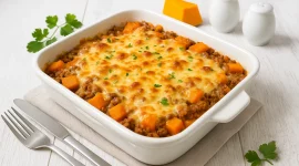 Kürbisauflauf mit Hackfleisch und goldbraunem Käse in einer Auflaufform auf weißem Holztisch