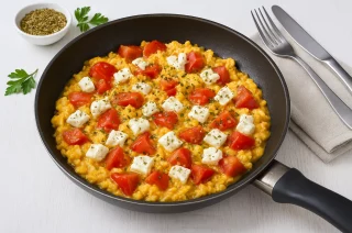Eierpfanne mit Tomaten, Feta und Oregano in einer Pfanne serviert auf weißem Holzhintergrund