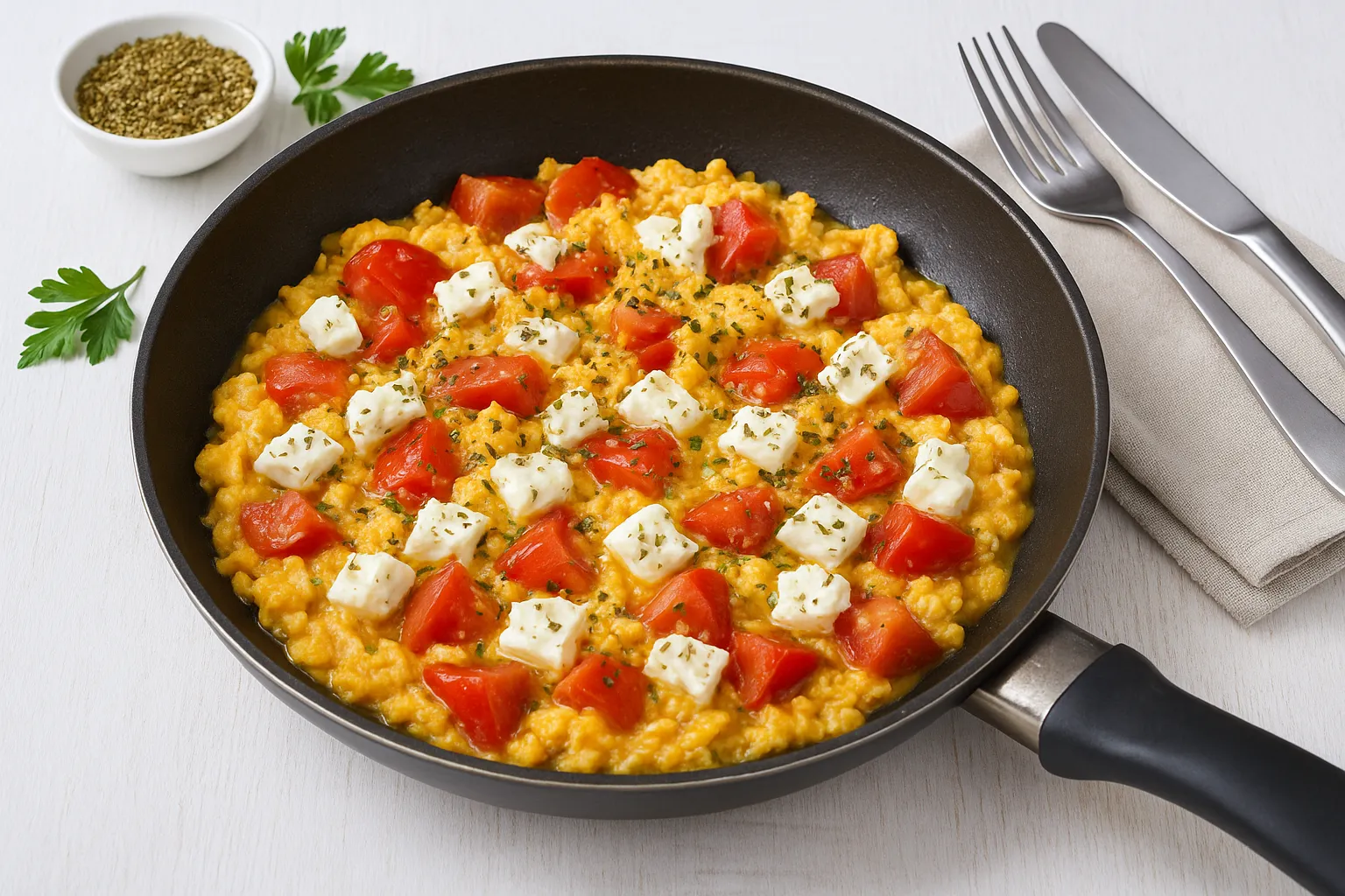 Eierpfanne mit Tomaten, Feta und Oregano in einer Pfanne serviert auf weißem Holzhintergrund