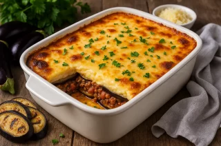 Griechische Moussaka mit Auberginen, Hackfleisch und Béchamelsoße, goldbraun überbacken in Auflaufform