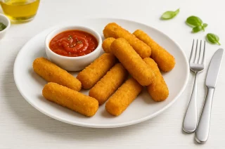 Knusprige Mozzarella-Sticks mit goldbrauner Panade, serviert mit würziger Tomatensauce als Dip auf hellem Teller