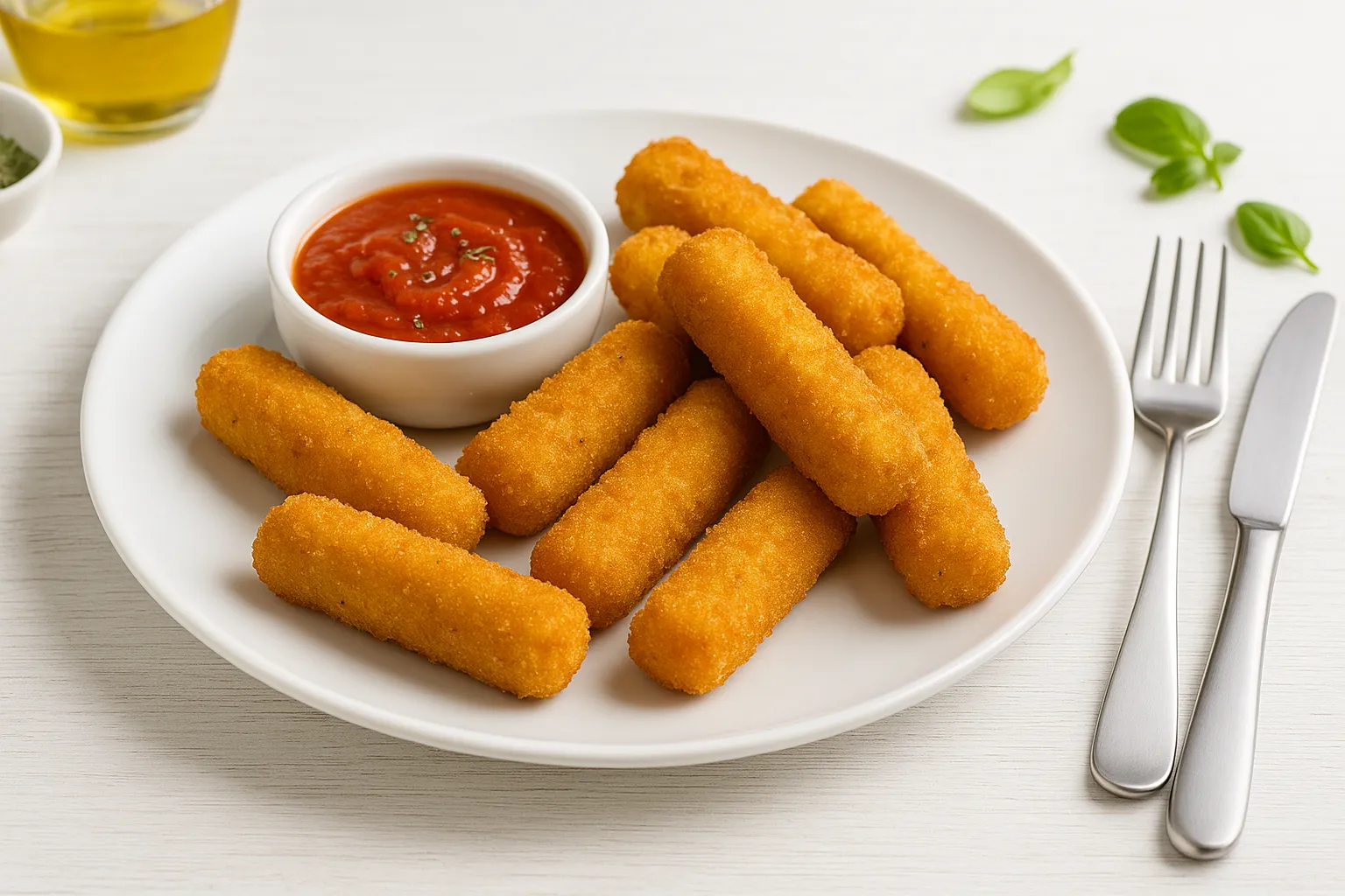 Knusprige Mozzarella-Sticks mit goldbrauner Panade, serviert mit würziger Tomatensauce als Dip auf hellem Teller