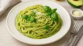 Pasta mit cremigem Avocado-Pesto, garniert mit Basilikum und Parmesan auf weißem Teller