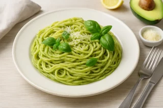 Pasta mit cremigem Avocado-Pesto, garniert mit Basilikum und Parmesan auf weißem Teller