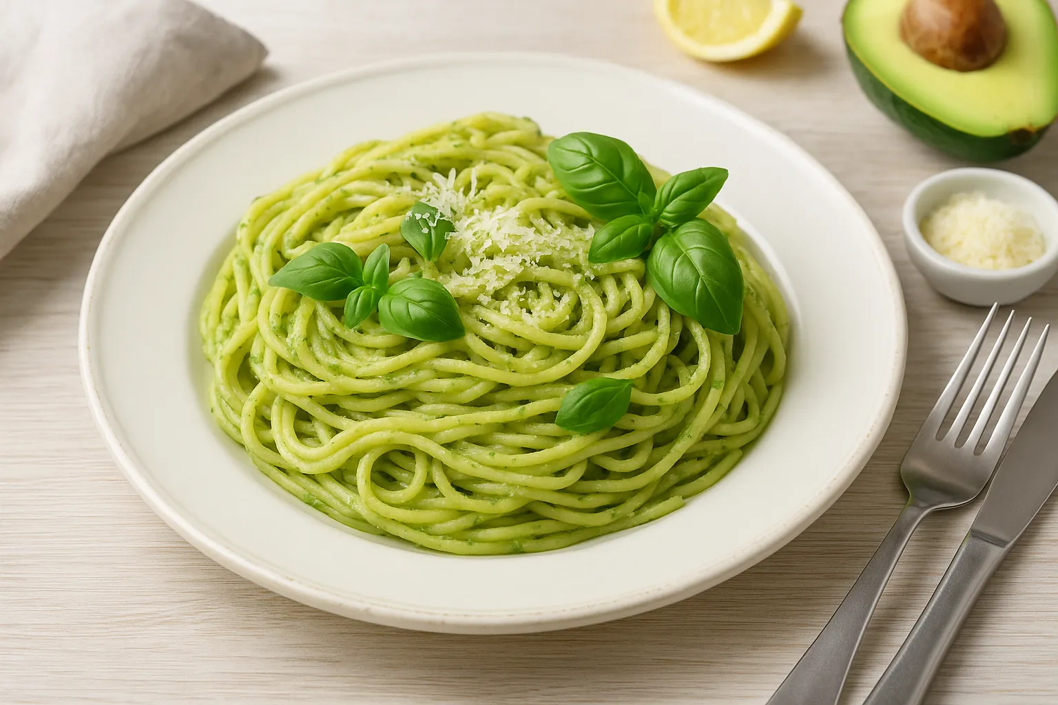 Pasta mit cremigem Avocado-Pesto, garniert mit Basilikum und Parmesan auf weißem Teller