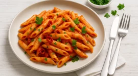 Penne all’Arrabbiata mit Tomatensauce, Chili und Petersilie auf modernem Pastateller