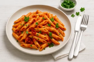 Penne all’Arrabbiata mit Tomatensauce, Chili und Petersilie auf modernem Pastateller