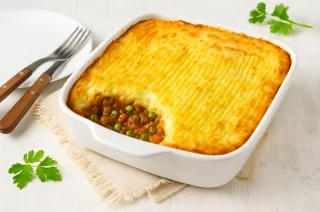 Shepherd’s Pie mit Hackfleisch, Gemüse und Kartoffelpüree in einer Auflaufform goldbraun überbacken