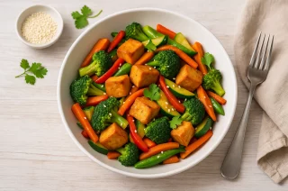 Bunte Gemüsepfanne mit Tofu, Paprika, Brokkoli, Karotten und Zucchini in einer weißen Schüssel serviert