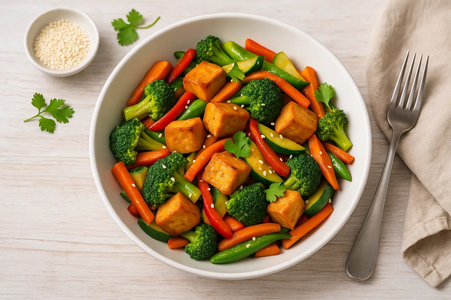 Bunte Gemüsepfanne mit Tofu, Paprika, Brokkoli, Karotten und Zucchini in einer weißen Schüssel serviert