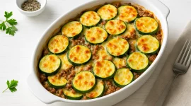 Zucchini-Hackfleisch-Gratin mit goldbraunem Käse überbacken in weißer Auflaufform auf Holztisch